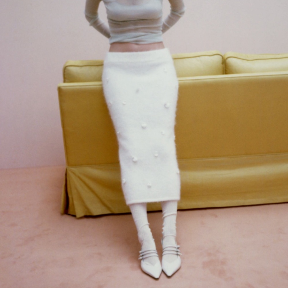 Zara Sequin embroidered Alpaca Blend Knit Pencil Midi Skirt Ecru white S NWT - Picture 7 of 15